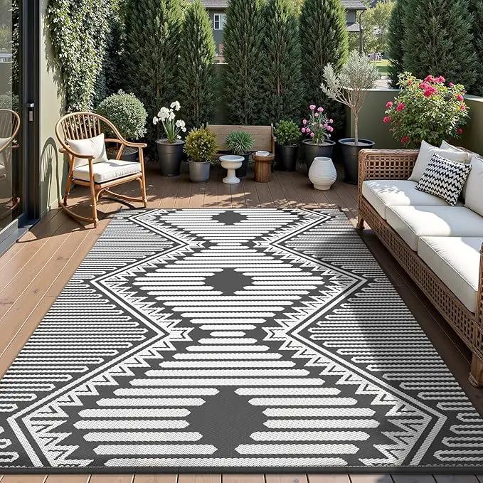 MontVoo Outdoor Rug 9x12 Waterproof Patio Rug-Outdoor Carpet Mat Reversible Plastic Straw Outside Outdoor Rug for RV Camping Picnic Beach Balcony Backyard Pool Deck Porch Modern Boho Grey by GreenHaven Gardens