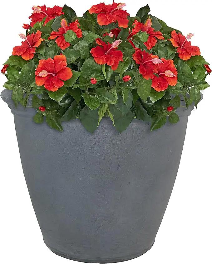 Sunnydaze 20-Inch Anjelica Large Plastic Pot for Plants - Outdoor Polyresin Round Planter with Drillable Drainage Holes - Slate by GreenHaven Gardens