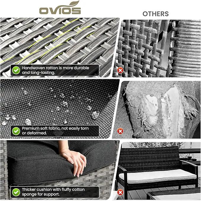 ovios 8 Pieces Patio Furniture Set with 30" Fire Pit Table, Outdoor Wicker Sofa with Comfy Cushions, All Weather High Back Rattan Couch Conversation Set, Black by GreenHaven Gardens