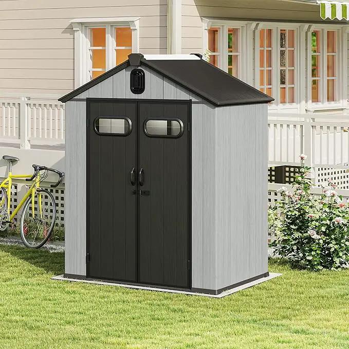 Domi 6x4FT Outdoor Resin Storage Shed with Transparent Windows & Louvered Vents, Plastic Tool Shed with Double Lockable Doors & Gable Roof, Outside Garden Shed for Backyard, Patio, Lawn, Grey by GreenHaven Gardens
