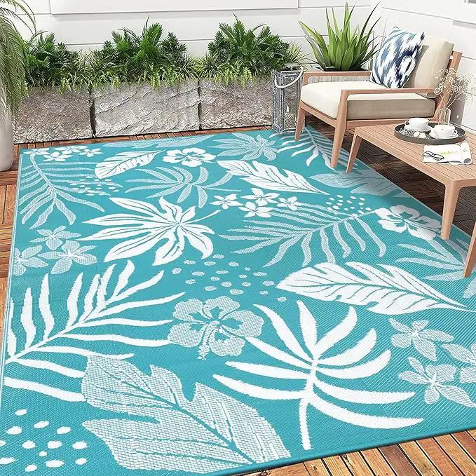 Pauwer Waterproof Outdoor Rug 9x12, Reversible Plastic Straw Patio Camping Rug, Indoor Outdoor RV Mat Carpet for Deck, Camper, Porch, Balcony, Backyard, Picnic, Floral Teal by GreenHaven Gardens