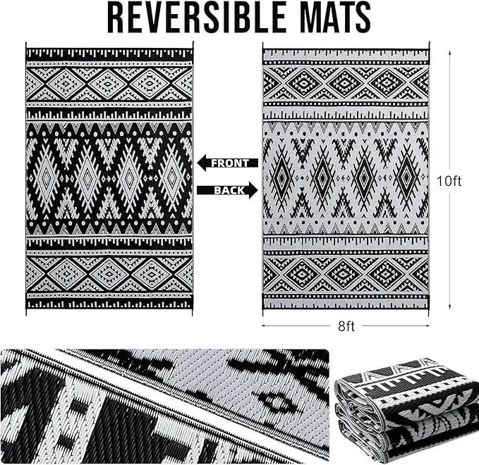 OLANLY Outdoor Rug Waterproof 8x10 ft, Reversible Outdoor Plastic Straw Rug, Boho Patio Rug, Indoor Outdoor Carpet, RV Mat Outside for Patio, Camp, Picnic, Balcony, Deck, Backyard, Black & White by GreenHaven Gardens