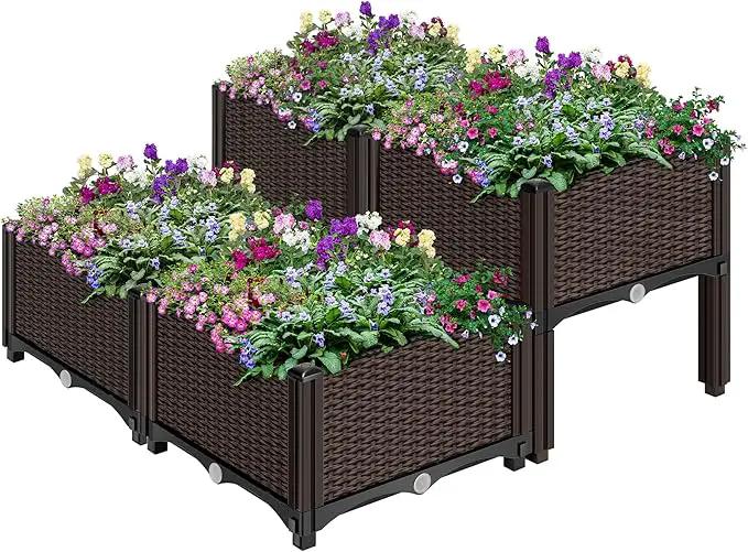VIVOHOME 4 Packs Elevated Plastic Raised Garden Bed Planter Kit, Outdoor Planters Above Ground Flower Vegetable Standing Box for Patio Deck Porch W/Drainage Holes by GreenHaven Gardens