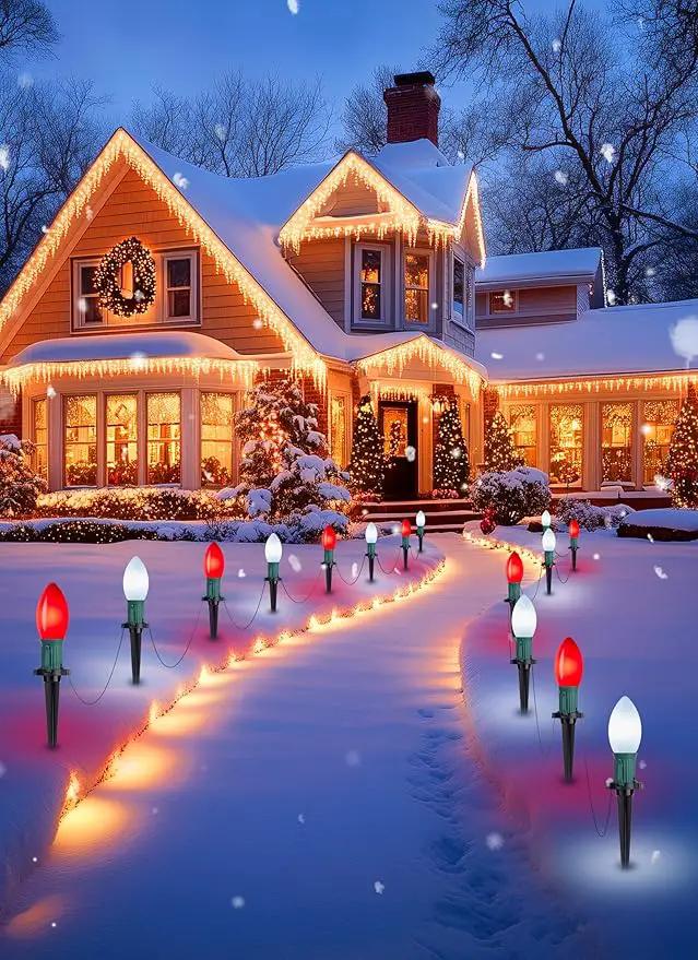 Brightown Frosted C9 LED Christmas Lights Outdoor, 2 Packs Total 64Ft Christmas Pathway Lights with 50 LED Bulbs and Stakes, Christmas Decorations Outside Driveway Walkway Sidewalk, Red and White by GreenHaven Gardens