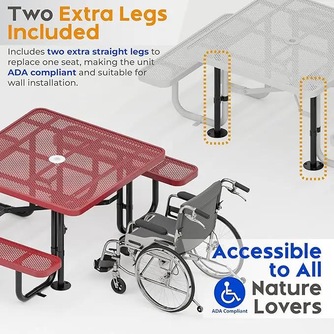 Metal Picnic Tables for Outdoors with Umbrella Hole - Coated Steel Heavy Duty Commercial Grade Table with Adjustable Seats (Red, 46 in, Square, Punched Steel) by GreenHaven Gardens