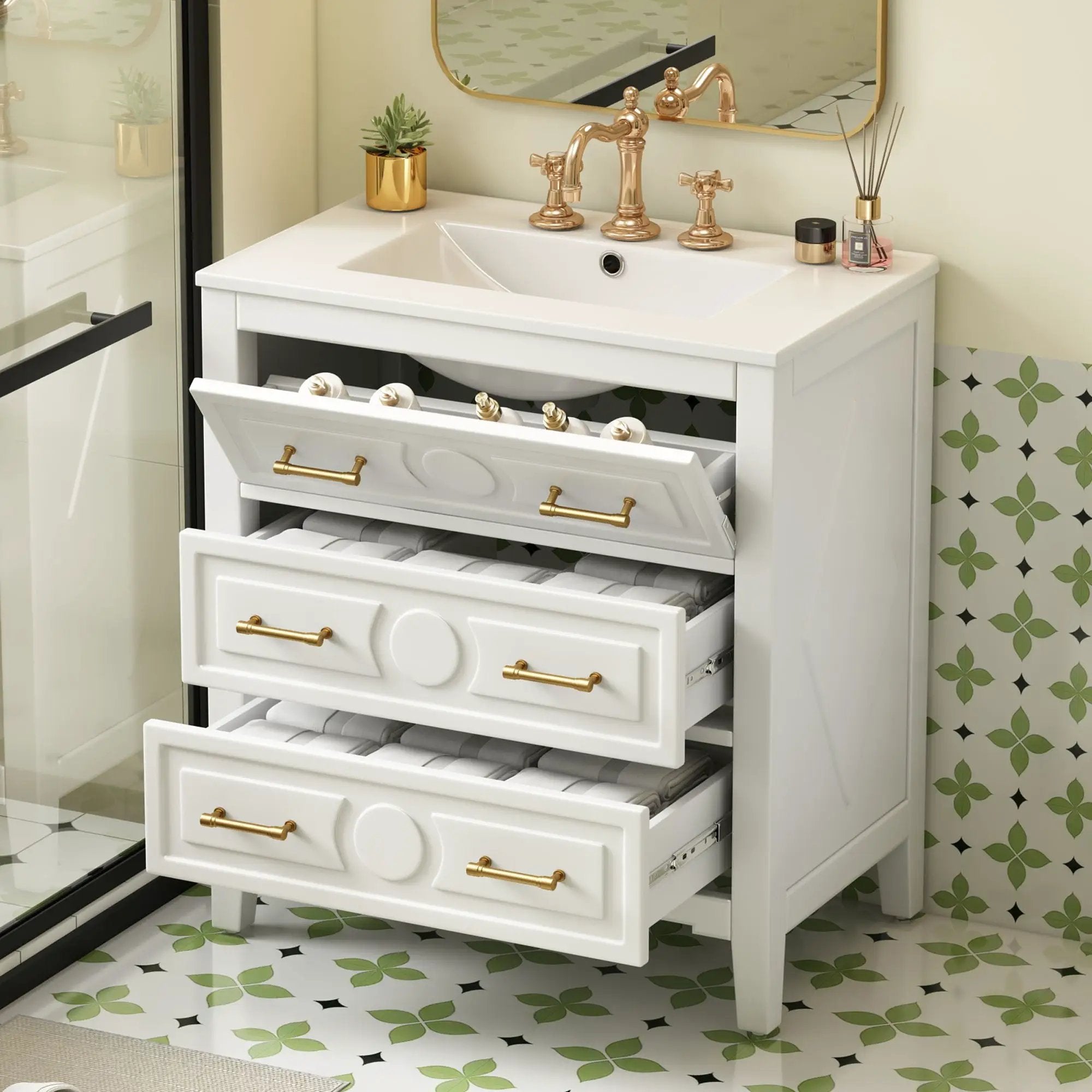 Retro Bathroom Vanity With Sink Combo, Free Standing Single Set With 3 Drawers by Unique Piece Furniture