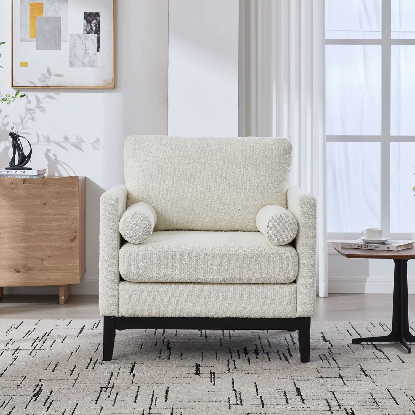 Wide Modern Farmhouse Performance Accent Chair With Legs, Wood Base by HouseOfZazla