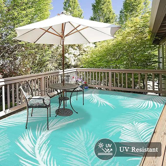 Pauwer Waterproof Outdoor Rug 6x9, Reversible Plastic Straw Patio Camping Rug, Indoor Outdoor RV Mat Carpet for Deck, Camper, Porch, Balcony, Backyard, Picnic, Leaf Light Blue by GreenHaven Gardens