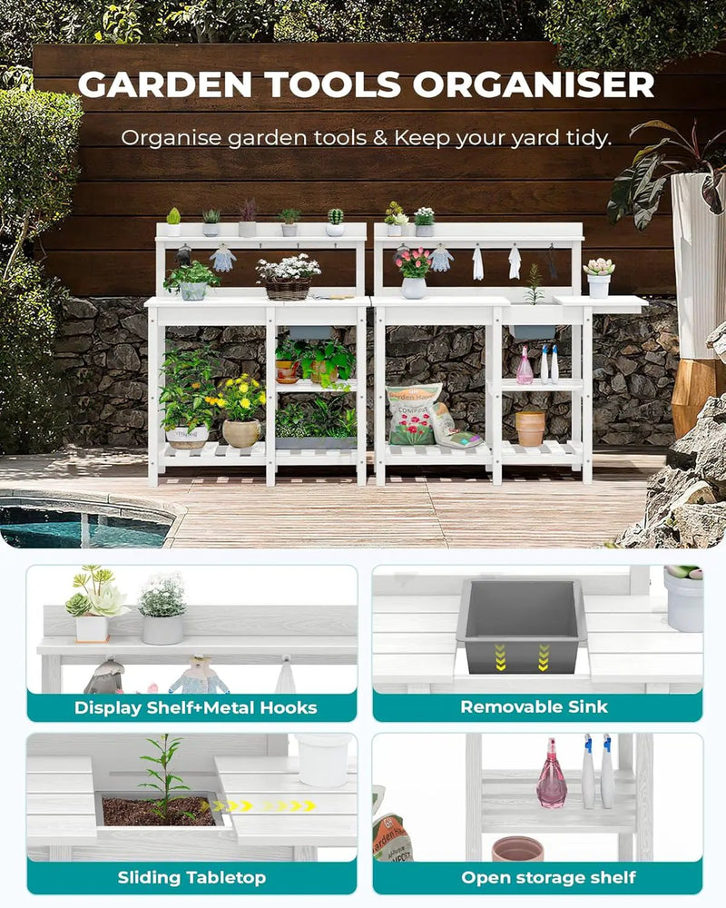SERWALL Potting Table Set of 2 for Outside All Weather Use- White by GreenHaven Gardens