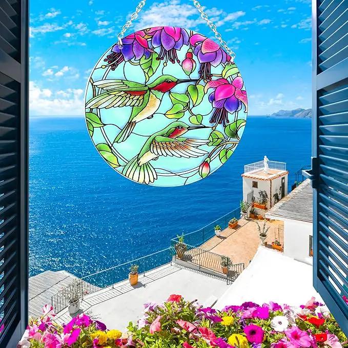 Hummingbird Suncatcher Stained Glass - Hummingbird Gifts for Women, Birds Suncatchers for Windows - Birds Window Hangings with Chain and Hook, 6 inch Stained Glass Suncatcher for Mom by GreenHaven Gardens