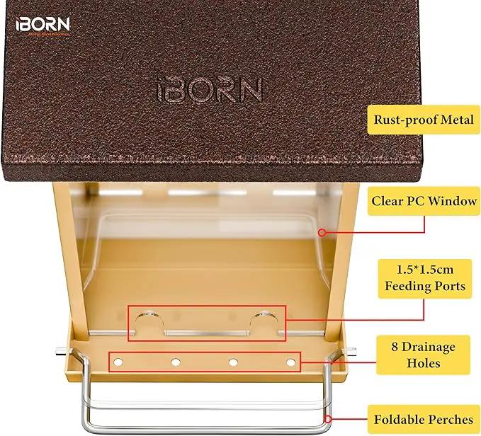 iBorn Bird Feeders for Outdoors,Bird House Feeder with Weatherproof Metal Roof & 8 Drain Holes,Fully Detachable Birdfeeder Design,Easy Clean & Refill,Chew-Proof PC Windows,1.5 Lbs Capacity,Coffee Roof by GreenHaven Gardens