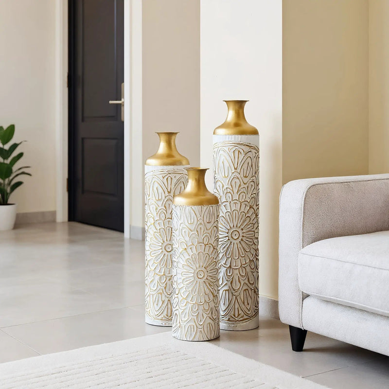 3 Piece Home Decoration Large Glazed Floor Vase Decoration Home Droplet Shaped - Gold / White by Unique Piece Furniture