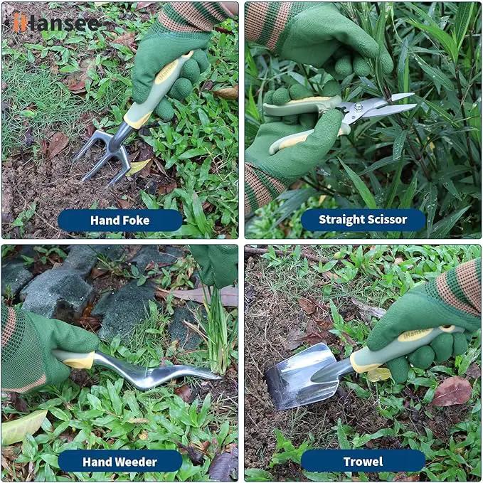 Set of 12 Garden Tool, iHansee Heavy-Duty Aluminum Gardening Hand Tools with Rubber Non-Slip Handle, Garden Apron, Gloves, Kneeling Pad and Storage Bag, Garden Hand Tools Starter Kit Landscaping Tools by GreenHaven Gardens