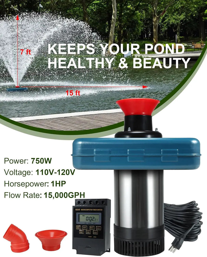 Pond Fountain Aerator 1HP, AS2 750W 15000GPH 110V/120V High Flow Floating Water Fountain Pump With 100ft Power Cord, Stainless Steel Body Aerating Fountains Cascade for Large Small Pond/Lake by GreenHaven Gardens