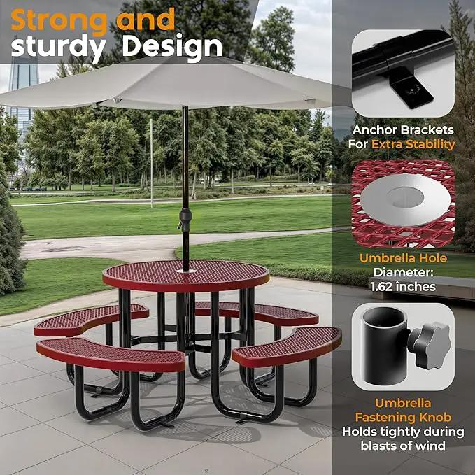 Metal Picnic Tables for Outdoors with Umbrella Hole - Coated Steel Heavy Duty Commercial Grade Table with Adjustable Seats (Red, 38 in, Round, Expanded Steel) by GreenHaven Gardens