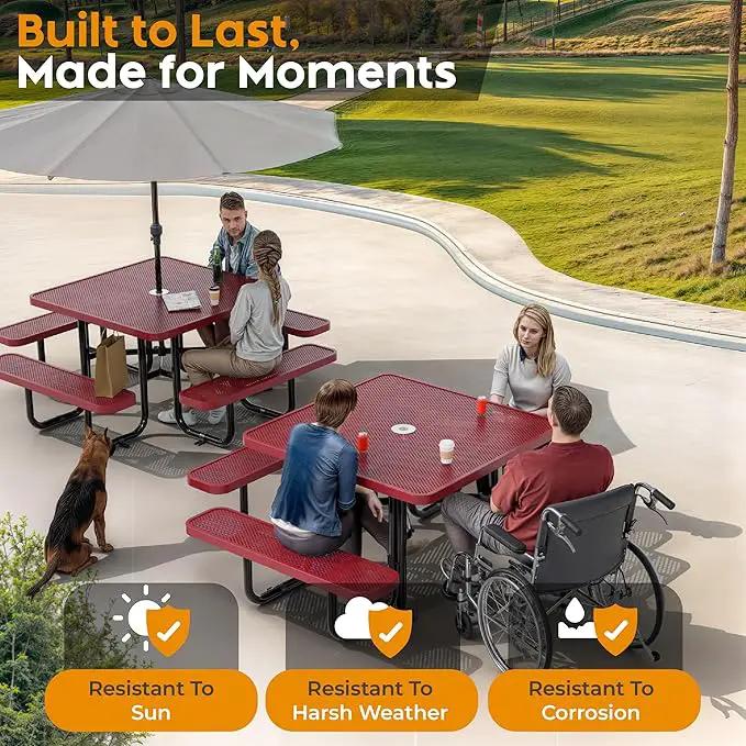 Metal Picnic Tables for Outdoors with Umbrella Hole - Coated Steel Heavy Duty Commercial Grade Table with Adjustable Seats (Red, 46 in, Square, Punched Steel) by GreenHaven Gardens