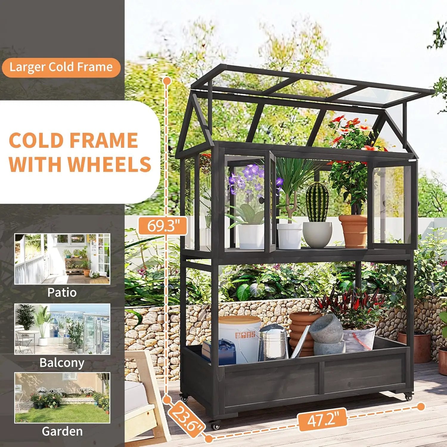 Greenhouse Cold Frames with Wheels - Adjustable Shelves Portable Cold Frame for Balcony/Patio, UV-Resistant Indoor Outdoor Plant Growing Cabinet (Large, Heavy-Duty) (Black) by GreenHaven Gardens