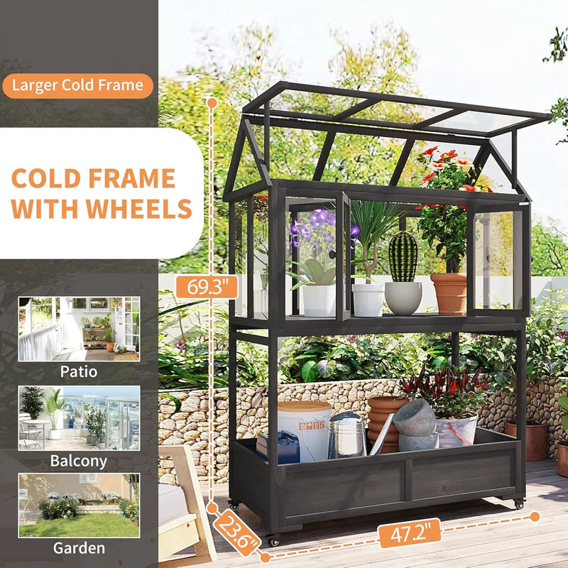 Greenhouse Cold Frames with Wheels - Adjustable Shelves Portable Cold Frame for Balcony/Patio, UV-Resistant Indoor Outdoor Plant Growing Cabinet (Large, Heavy-Duty) (Black) by GreenHaven Gardens