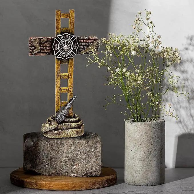 Firefighter Accessories, Fireman Standing Cross Statue Memorial 10", Fire Fighter Gifts by GreenHaven Gardens