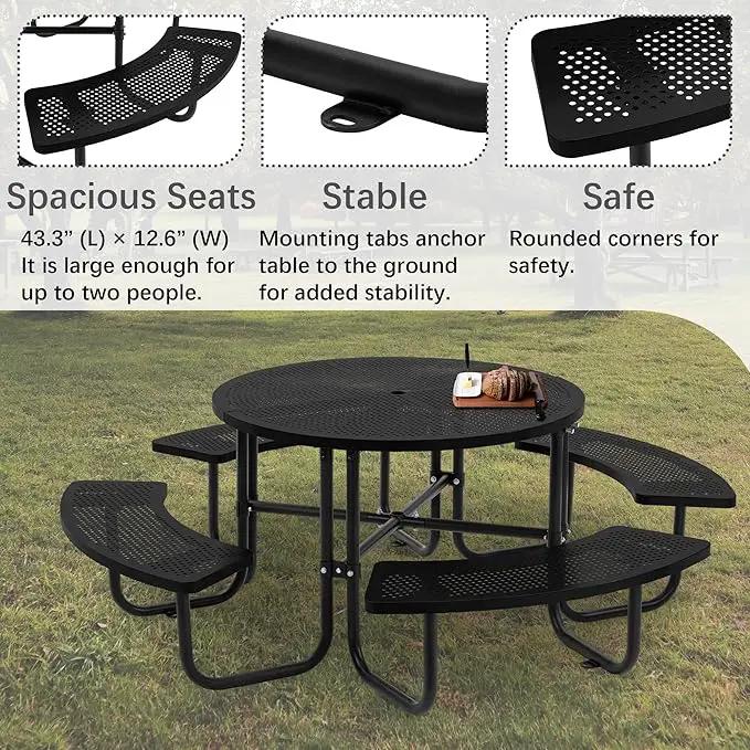 46'' Steel Round Picnic Table for Outdoors, Expanded, Lifetime Picnic Table with Umbrella Hole, Heavy Duty Sturdy Commercial Picnic Tables for Garden Courtyard BBQ, Black by GreenHaven Gardens