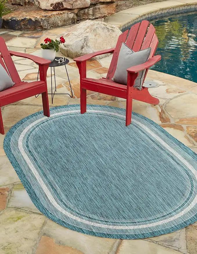 Unique Loom Outdoor Border Collection Area Rug - Soft Border (5' 1" x 8' Oval, Teal/ Ivory) by GreenHaven Gardens
