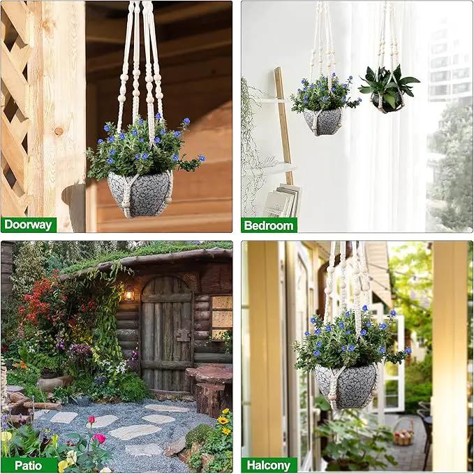 RIFNY Macrame Plant Hanger for 5 to 10 Inch Plant Pots, 35 Inch Indoor Handmade Woven Rope Hanger Kits with Hooks and Wood Beads, Hanging Planter Basket Holder for Boho Home Decor (White, 3 Pack) by GreenHaven Gardens