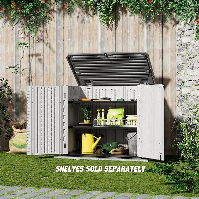 Outdoor Patio Storage Shed,Waterproof Horizontal Outdoor Storage Cabinet for Garbage Cans,Tools and Lawnmower Lockable(34 Cu.ft-Warm-White) by GreenHaven Gardens