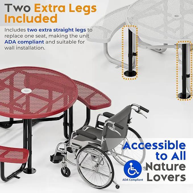 Metal Picnic Tables for Outdoors with Umbrella Hole - Coated Steel Heavy Duty Commercial Grade Table with Adjustable Seats (Red, 46 in, Round, Punched Steel) by GreenHaven Gardens