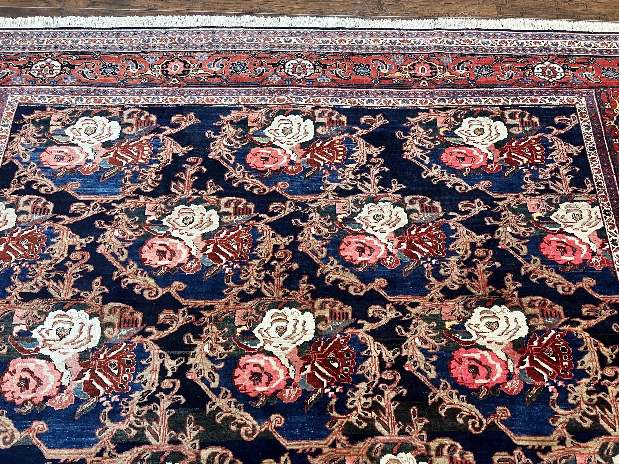 Persian Bidjar Rug 8x11, Floral Bouquets, Blue Black Red Pink, Handmade Hand Knotted Vintage Semi Antique Oriental Carpet by Jewel Rugs