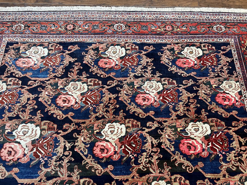 Persian Bidjar Rug 8x11, Floral Bouquets, Blue Black Red Pink, Handmade Hand Knotted Vintage Semi Antique Oriental Carpet by Jewel Rugs