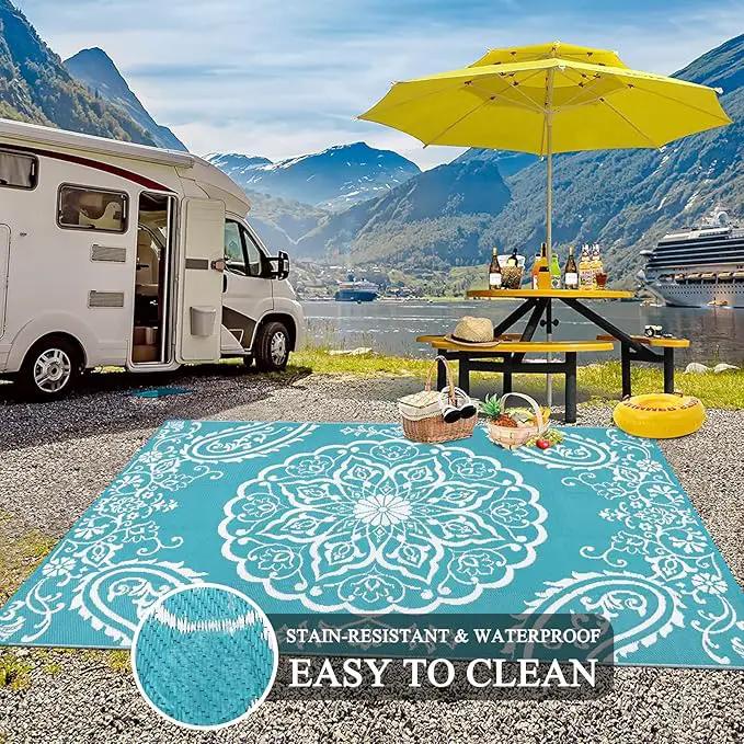 Pauwer Waterproof Outdoor Rug 9x12, Reversible Plastic Straw Patio Camping Rug, Indoor Outdoor RV Mat Carpet for Deck, Camper, Porch, Balcony, Backyard, Picnic, Boho Teal by GreenHaven Gardens