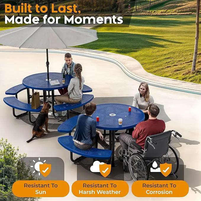 Metal Picnic Tables for Outdoors with Umbrella Hole - Coated Steel Heavy Duty Commercial Grade Table with Adjustable Seats (Blue, 46 in, Round, Punched Steel) by GreenHaven Gardens