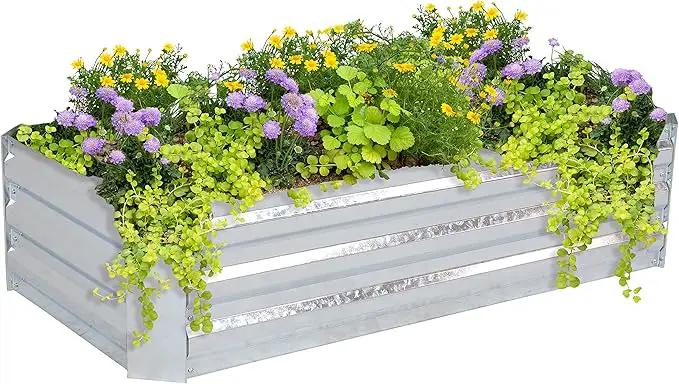 Sunnydaze 11.75" H Raised Metal Garden Bed - Galvanized Raised Garden Bed Outdoor for Vegetables and Flowers - Woodgrain - 4' x 2' Silver by GreenHaven Gardens