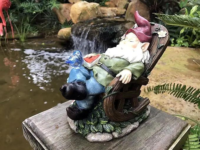 Solar Powered Gnome Sleeping in a Chair LED Garden Light Decor by GreenHaven Gardens