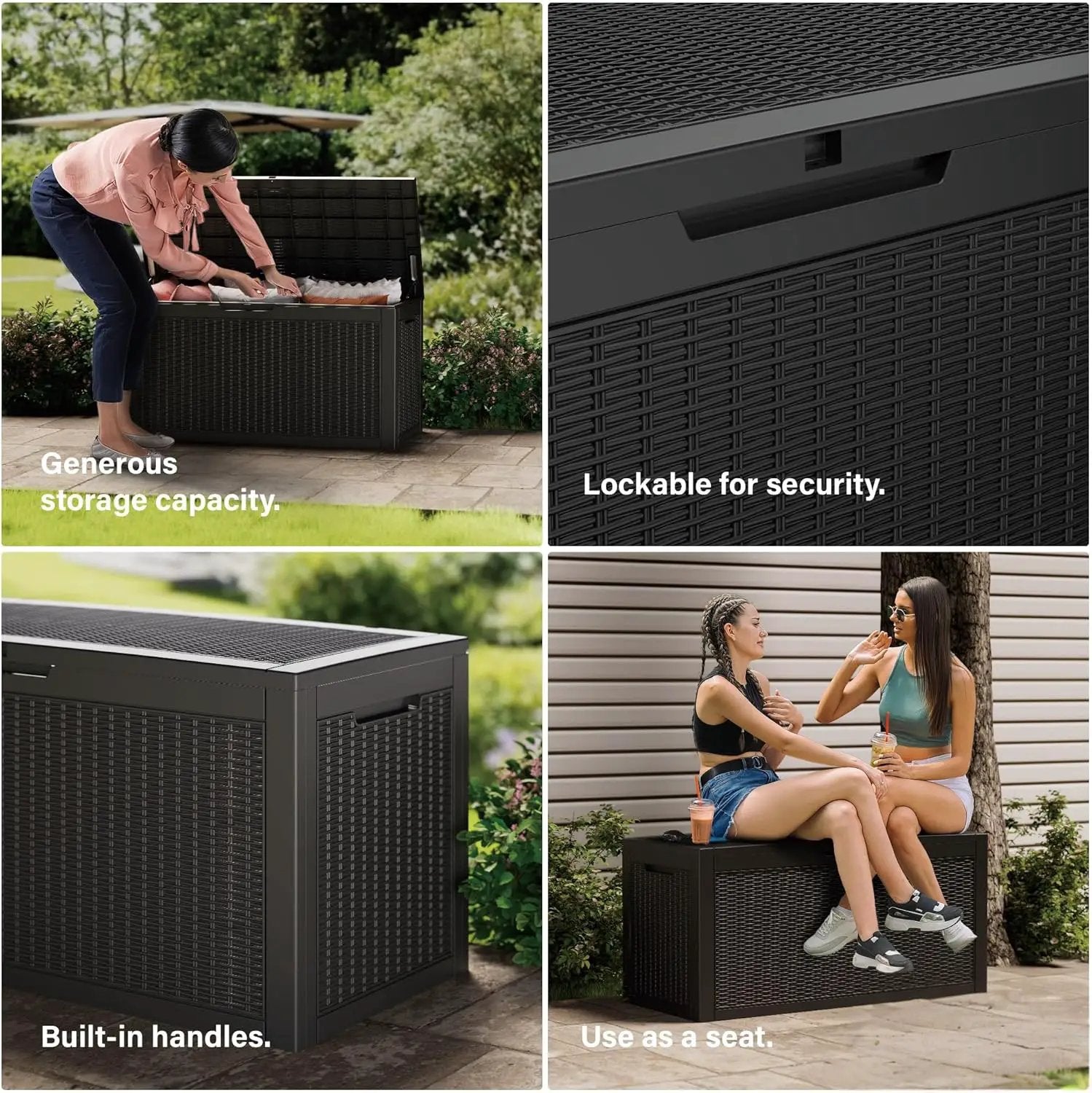 100GAL Black Wicker - Textured Outdoor Deck Box with Lockable – Waterproof, SGS - Verified UV Resistance, Stylish Storage for Patio Furniture & Outdoor Toys, Quick Assembly by GreenHaven Gardens