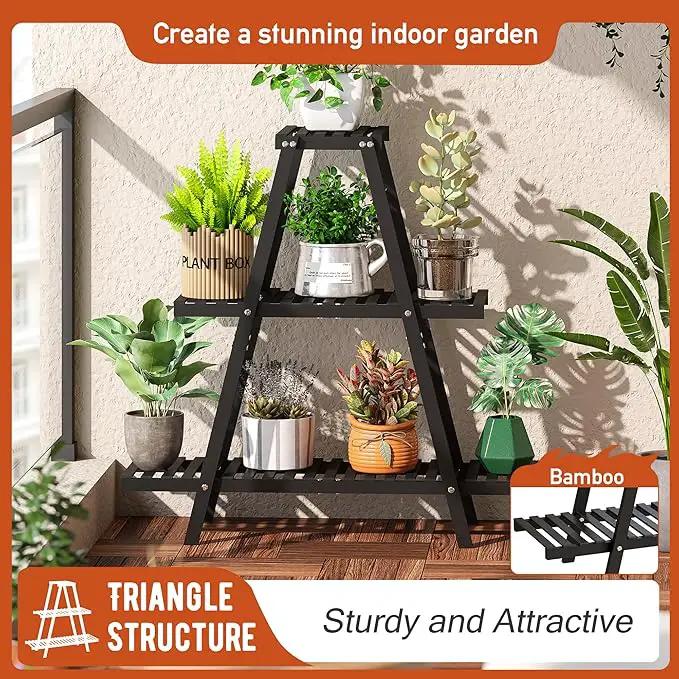 Plant Stand Indoor Plant Shelf Outdoor bamboo Plant Rack, 3 Tiers Ladder Plant Holder Flower Stand for Living Room Balcony Garden Patio,Living Room Boho Home Decor for Gardening Gifts (Black) by GreenHaven Gardens