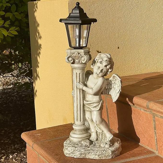 Angel Statue with Solar Lights (Right) 19.7 Inch, Outdoor Solar Angel Garden Statue with Roma Pillar for Garden Lawn Deocr, Christian Religious Gift by GreenHaven Gardens