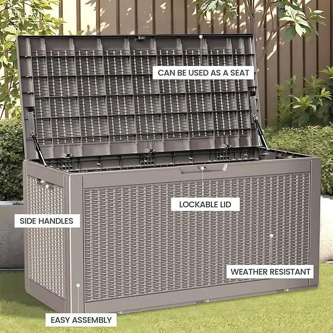 100 Gallon Storage Box, Waterproof Resin Deck Box with Hydraulic Piston Design, Lockable Storage Bench for Package Delivery, Storage Bin for Patio Cushions, Garden Tools, Grey by GreenHaven Gardens