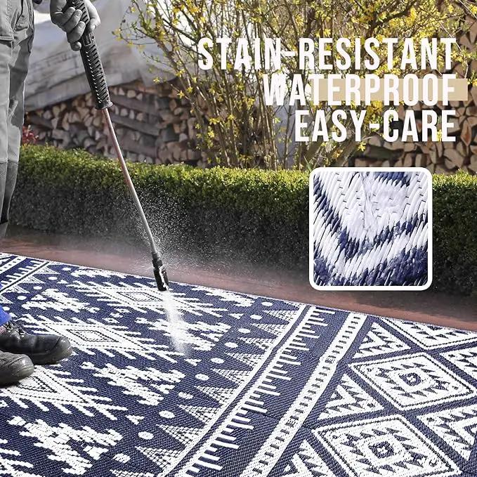 OLANLY Outdoor Rug Waterproof 5x8 ft, Reversible Outdoor Plastic Straw Rug, Boho Patio Rug, Indoor Outdoor Carpet, RV Mat Outside for Patio, Camp, Picnic, Balcony, Deck, Backyard, Navy & White by GreenHaven Gardens