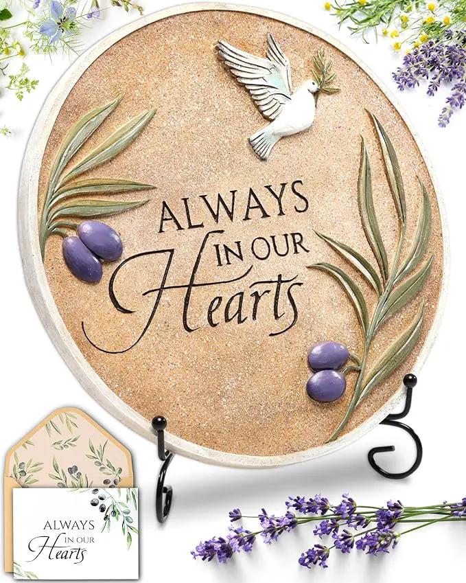 10-Inch Garden Memorial Stone with Included Plaque Stand & Sympathy Card, Memorial Plaques for Outdoors with Peace Dove Amongst Olive Branches, Memorial Stepping Stone for Loss of Loved One by GreenHaven Gardens