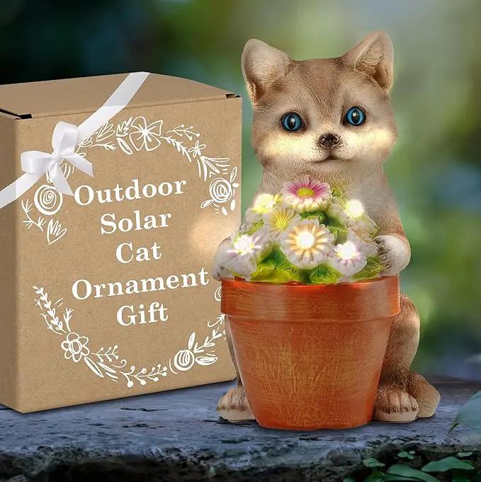 Muldale Cat Solar Light - Cat Garden Statue Outdoor - Solar Powered Cat Garden Decor for Outside - Hand Painted Floral Plant Pot Light Up Cat by GreenHaven Gardens