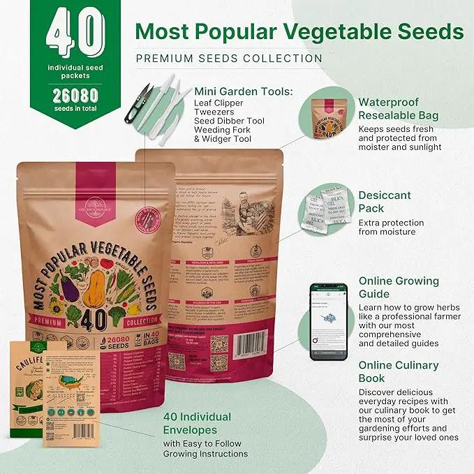 Organo Republic 40 Vegetable Seeds Variety Pack - 26000 Non GMO Heirloom Seeds for Planting Vegetables & Fruits in Bulk Individual Seed Packets, Home Garden Seeds for Hydroponic, Indoor & Outdoors by GreenHaven Gardens