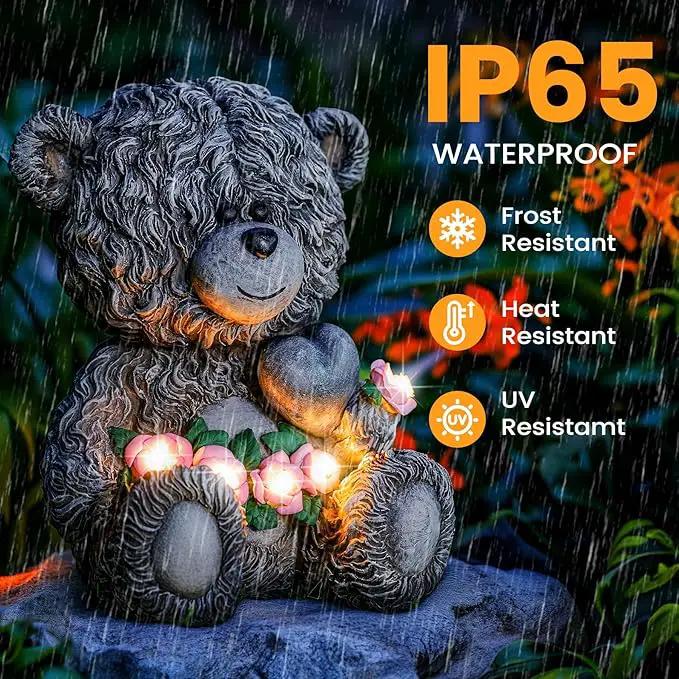 Solar Garden Outdoor Statues Bear with Heart and Pink Flower and 5 LED Lights-Lawn Decor Bear Statue for Patio, Balcony, Yard Ornament-Unique Valentine's Day and Housewarming Gifts for Mom, Women by GreenHaven Gardens
