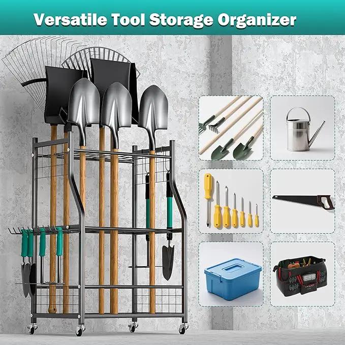 EVERHANGER Garden Tool Organizer Stand, Garage Tool Storage Organization, Yard Tool Racks with lockable wheels, Fit for Long-Handled Tools/Rakes/Brooms, Indoor/Outdoor Use by GreenHaven Gardens