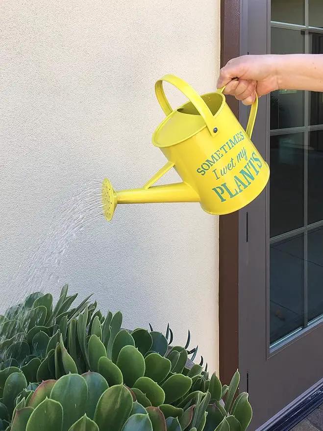 Small Indoor Watering Can - Gardening Gifts for Women -Sometimes I Wet My Plants- 1.6 L - Cute Watering Can for Gardeners - Yellow Galvanized Metal by GreenHaven Gardens