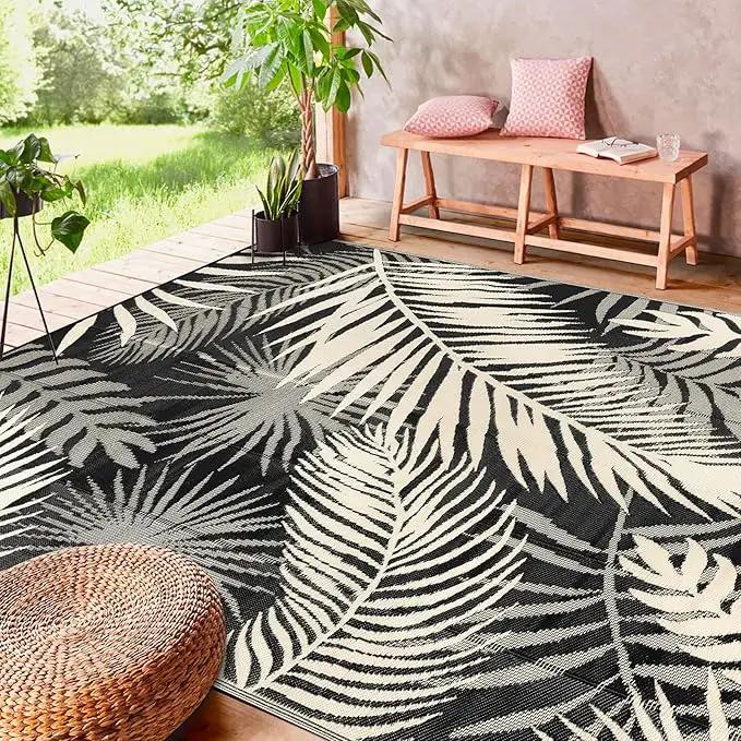 Outdoor Rug Waterproof for Patios Clearance, Reversible Outdoor Plastic Straw Rug Camping Carpet, Outside Floor Mats Large Area Rugs for RV,Patio,Deck,Porch,Beach, Balcony，8'x10',Black&Beige by GreenHaven Gardens