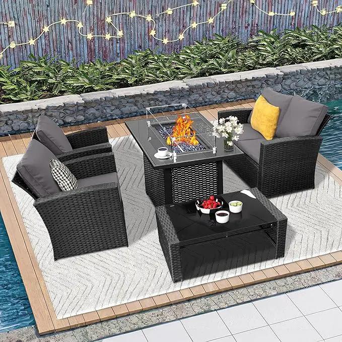 5 Piece Patio Furniture Set with 43" Propane Fire Pit Table, Outdoor Wicker Conversation Set, Rattan Modern Sectional Sofa Couch with Coffee Table for Backyard Porch Garden Poolside, Black-Grey by GreenHaven Gardens