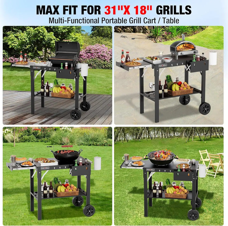 Outdoor Grill Table, Folding Grill Cart with Pull-out Side Table, Blackstone Griddle Stand, Fit 17 Inch Or 22 Inch, Stainless Steel BBQ Prep Station, Pizza Oven Stand by GreenHaven Gardens