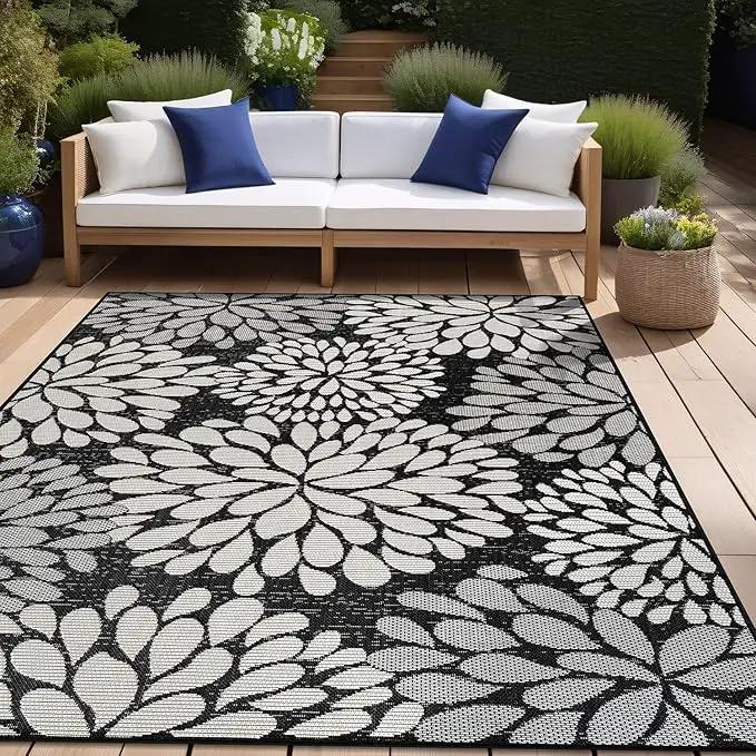 Beverly Rug Outdoor Rug 9x12 Modern Exotic Tropical Leaf Area Rugs for Indoor and Outdoor Patio Deck Porch Garden Water Resistant Washable Outside Carpet (9 x 12 Dark Gray) by GreenHaven Gardens
