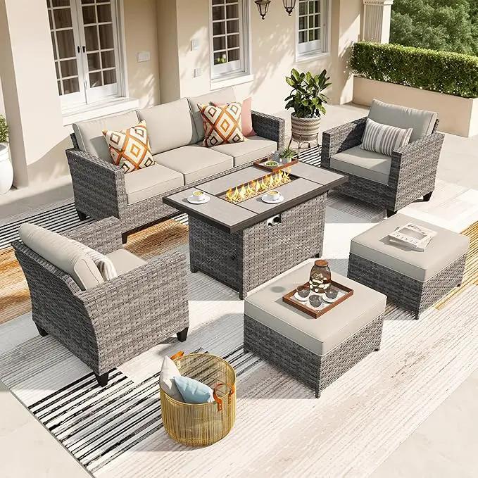 ovios 6 Pieces Patio Furniture Set with 42" Fire Pit Table, Outdoor Wicker Sofa with Comfy Cushions, All Weather High Back Rattan Couch Conversation Set, Beige by GreenHaven Gardens
